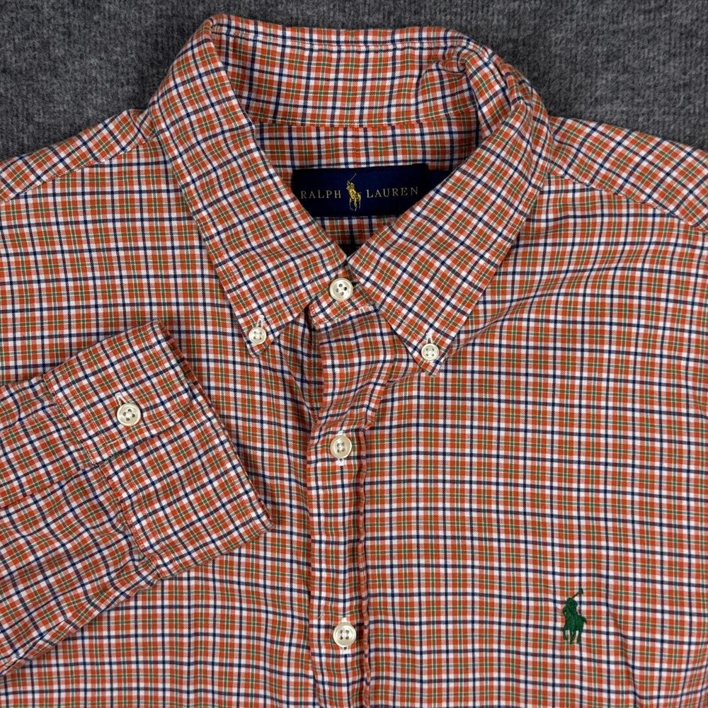 Polo Ralph Lauren‎ Shirt Mens Large Orange Plaid 100% Cotton Casual Green Pony